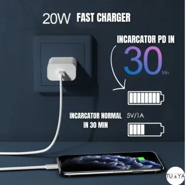 Incarcator compatibil cu Apple, Fast Charger USB-C 20W + Cablu USB-C Lightning A8358 N8-5